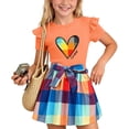 thumbnail image 2 of IFNWSV Girls 2 Piece Outfits Short Sleeve Round Neck Heart Print Top and A Line Plaid Skirt Summer Casual Set Orange 2-3 Yeas, 2 of 5