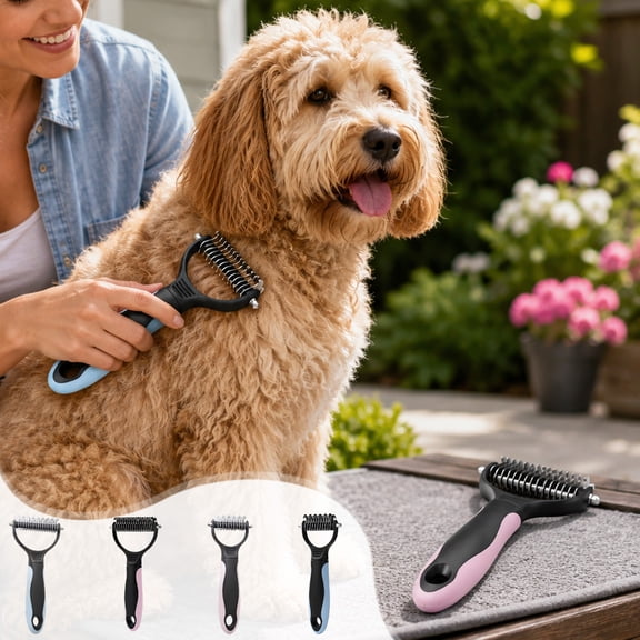 FEOLGEHLY Double Sided Pet Dematting Brush for Dogs and Cats, Gentle on Coat Deshedding Comb, Removes Loose Hair and Tangles, Lightweight Plastic Grooming Tool for Daily Use, Dual-Sided Brush Pink