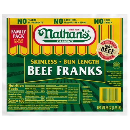 Nathan's Famous, Skinless Beef Franks, Bun Length, 28 oz