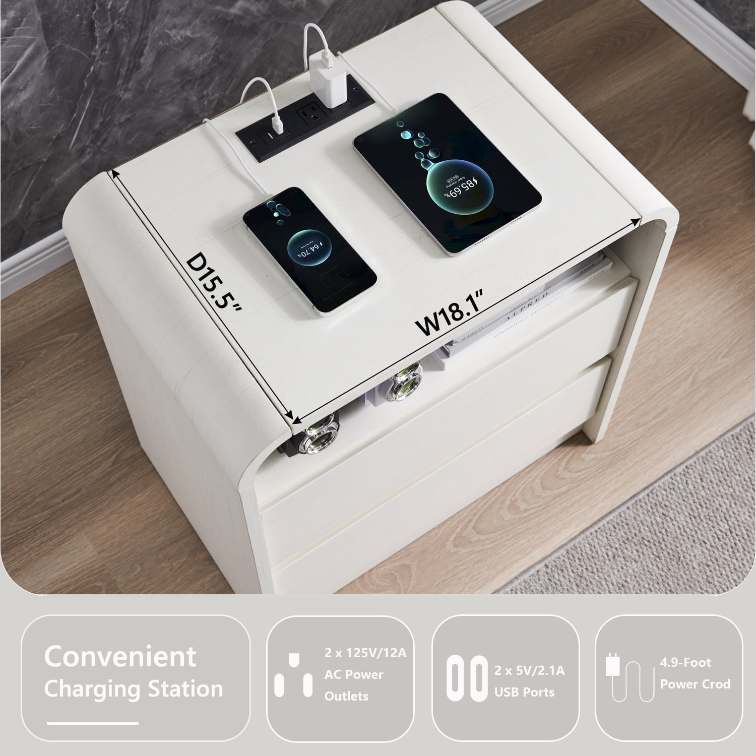 wow97e 2 Drawers Bedside Table, Modern Nightstand with Charging Station, Curved Profile Design, Mid Century End Table for Bedroom, Living Room