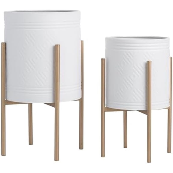 Decorative Flower Pots with Metal Stand for Home Decor - Modern Planters for Hallway, Entryway, and Living Room Decor - Indoor and Outdoor Pots for Plants - Set of 2, 23", 19", White & Gold