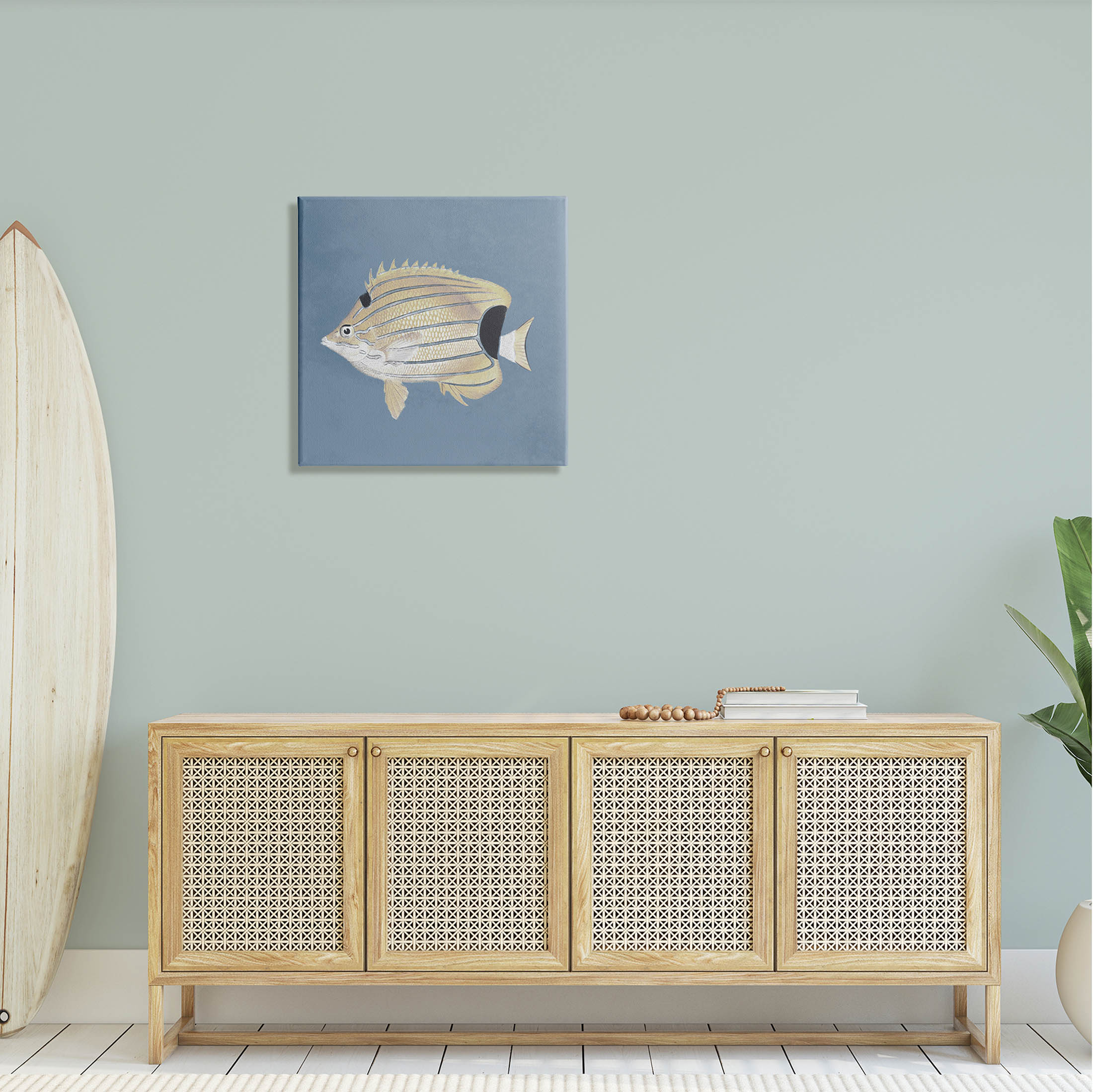 Striped Fish Portrait Blue Background Animals & Insects Graphic Art Gallery Wrapped Canvas Print Wall Art