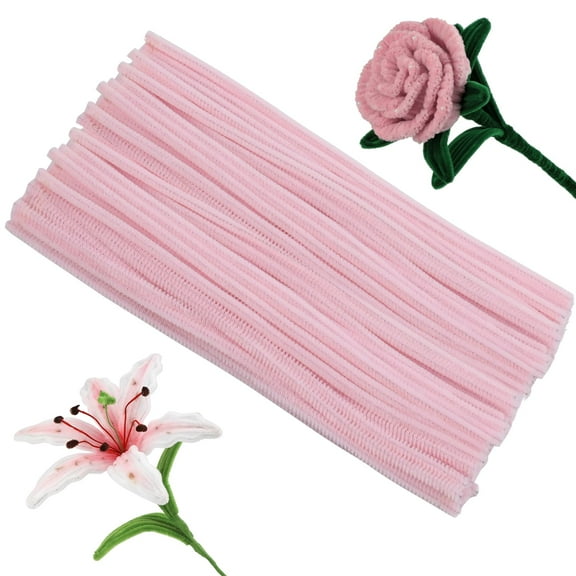 Chenille Stems for DIY Crafts, 100Pcs Floral Pipe Cleaners Supplies, Bendable Wire Stems for Handmade Flowers, Holiday Decorations, Party Favors, Light Pink