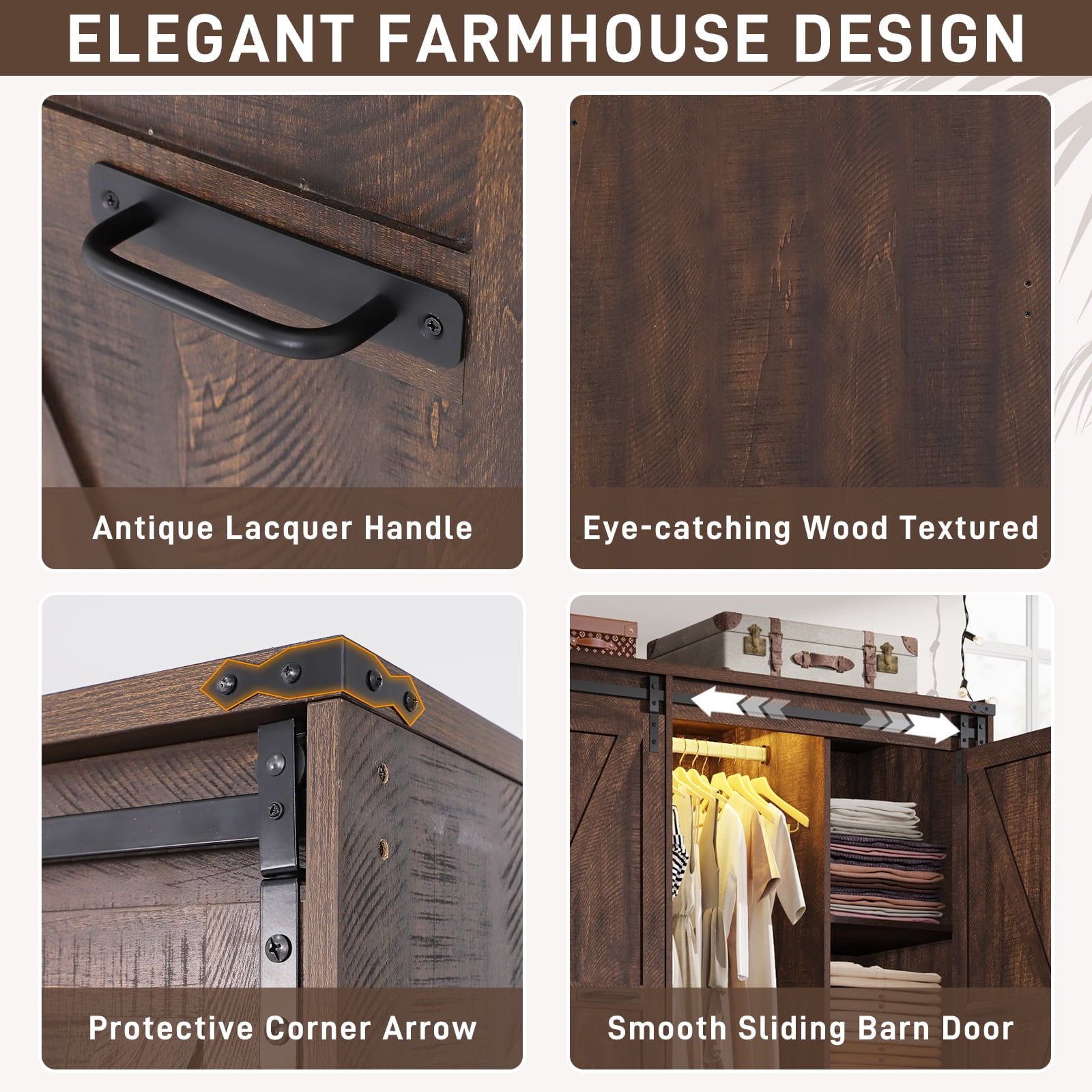 ChVans 73''H Armoire Wardrobe Closet with Sensor Light and 4 Drawers, Farmhouse Bedroom Armoire Cabinet with Hanging Rod, Wooden Wardrobe Cabinet with folding sliding barn door for Bedroom