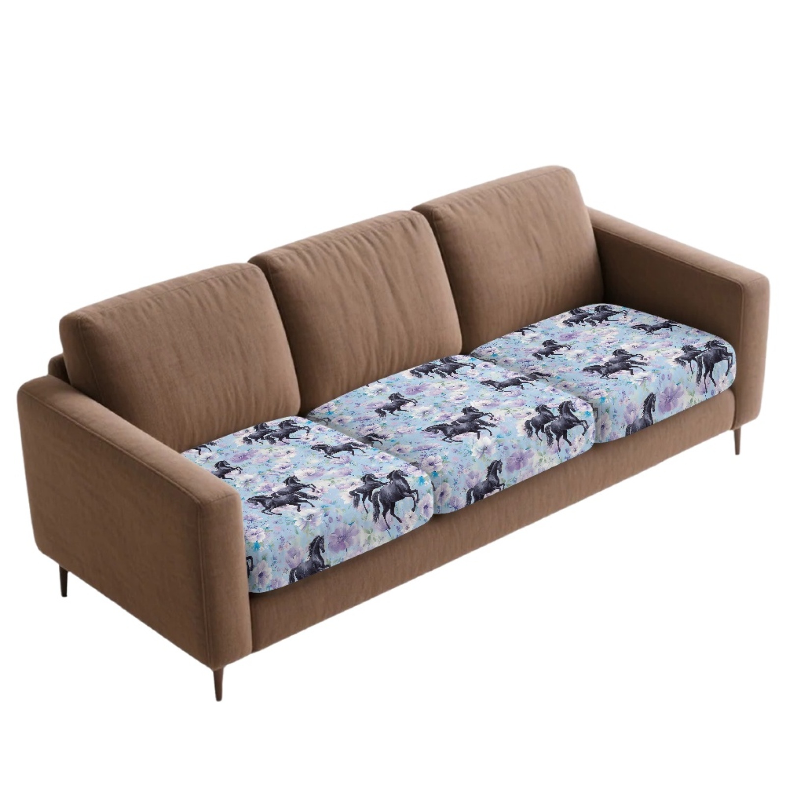Xoenoiee Blue Flower Horse Print 3-Piece Stretch Couch Cushion Covers, Non-Slip Elastic Sofa Seat Slipcovers Washable Furniture Protector for 3 Cushion Couch, Loveseat, Sectional