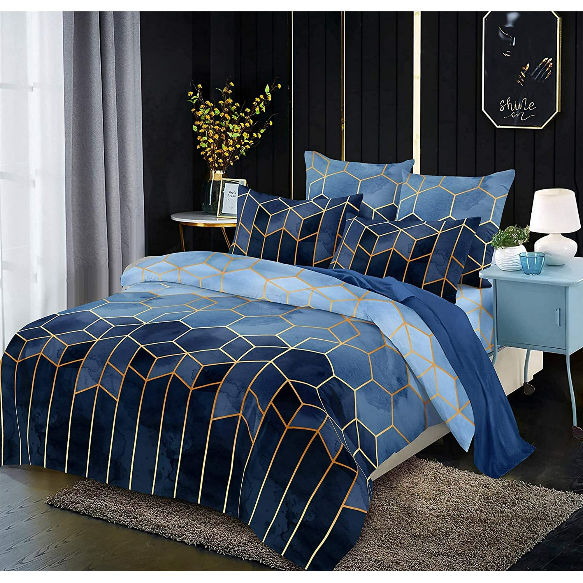 L Spoutto Queen Size Bedding Comforter Sets 3 Pcs Marble Comforter Sets Geometric Gradient Color Design ultra Soft Quilt Set With 2 Pillow Shams Blue