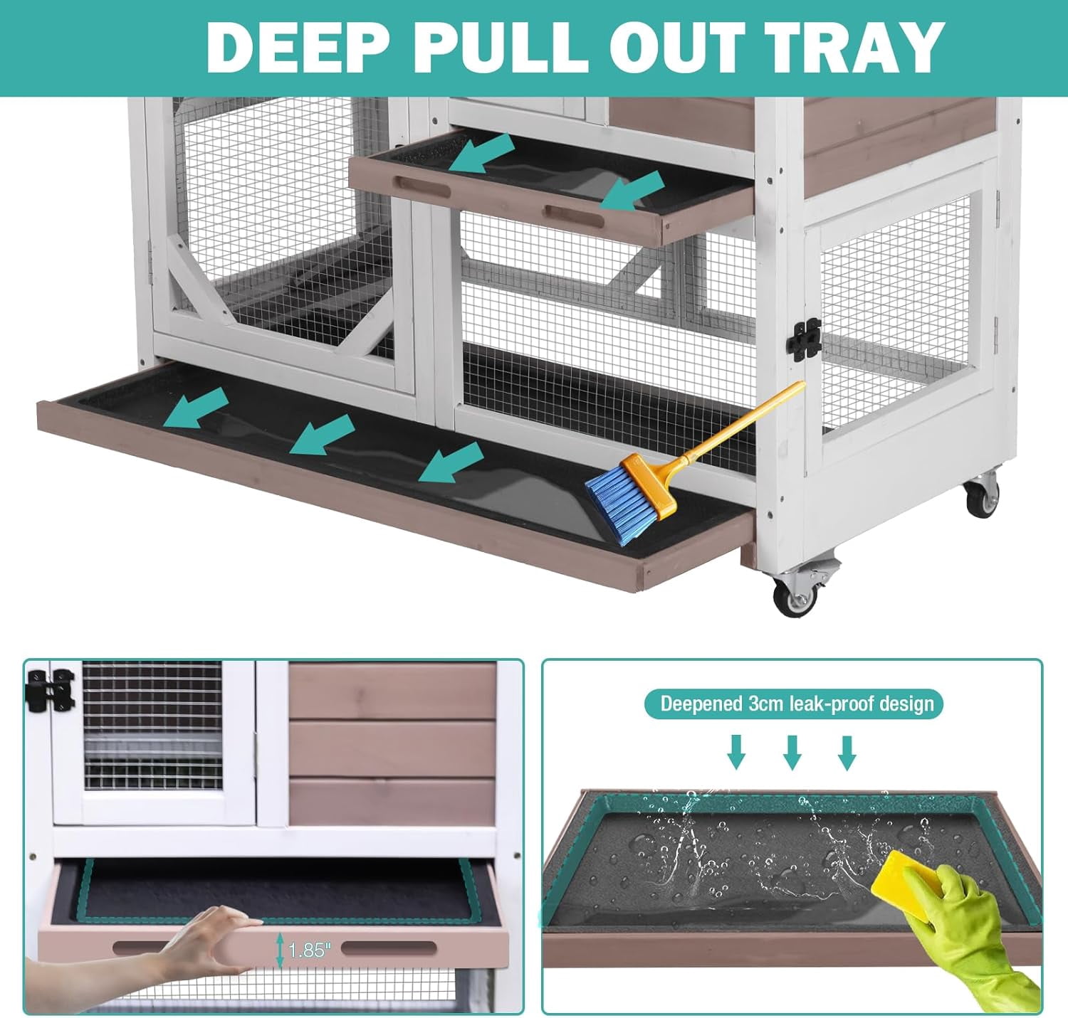 Aivituvin 2-Story Rabbit Hutch Bunny Cage Wooden Rabbit Cage Indoor/Outdoor with Chew-Proof Ramp, 2 Leak-Proof Pull-Out Trays, Lockable Wheels for Rabbits, Guinea Pigs, Small Animals Brown