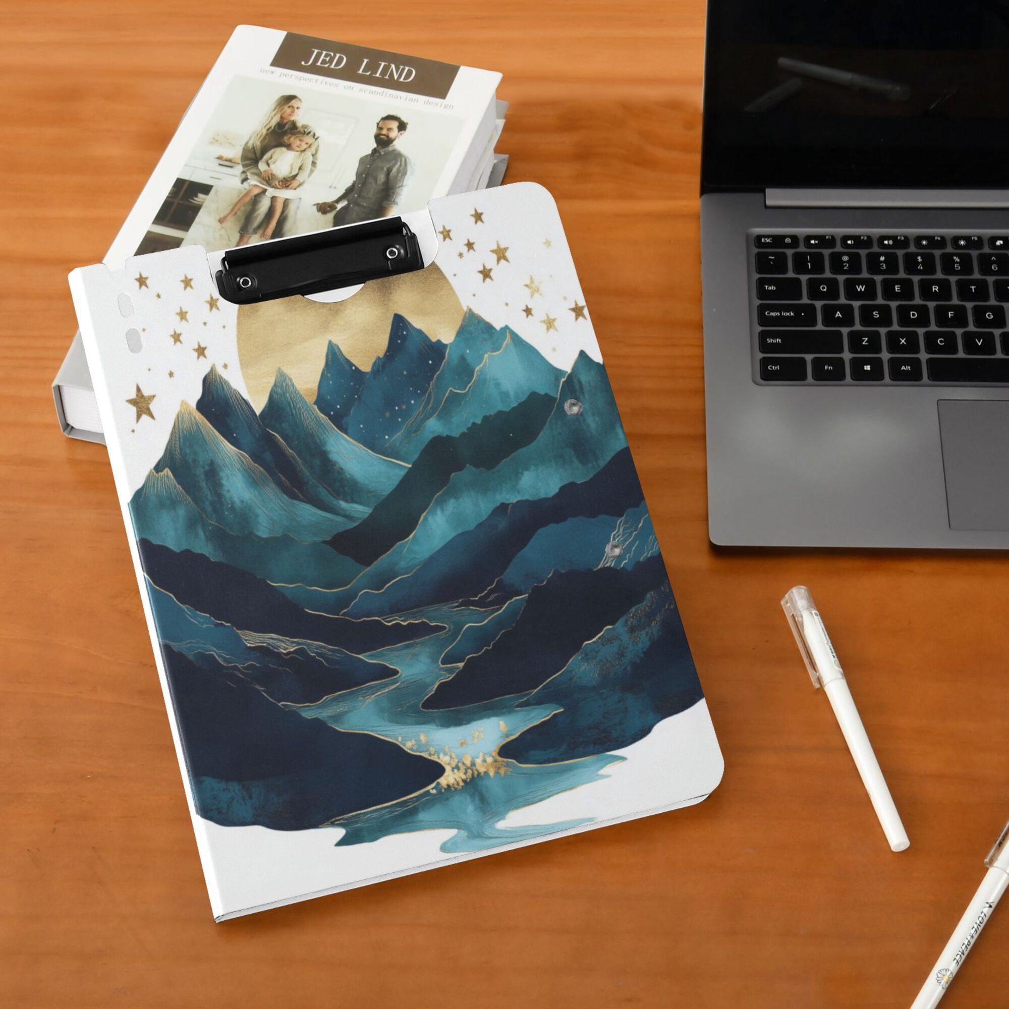 FORMRS A4 Clipboard Folder with Pen Holder Horizontal Foldable School Office Binder, Blue Mountains