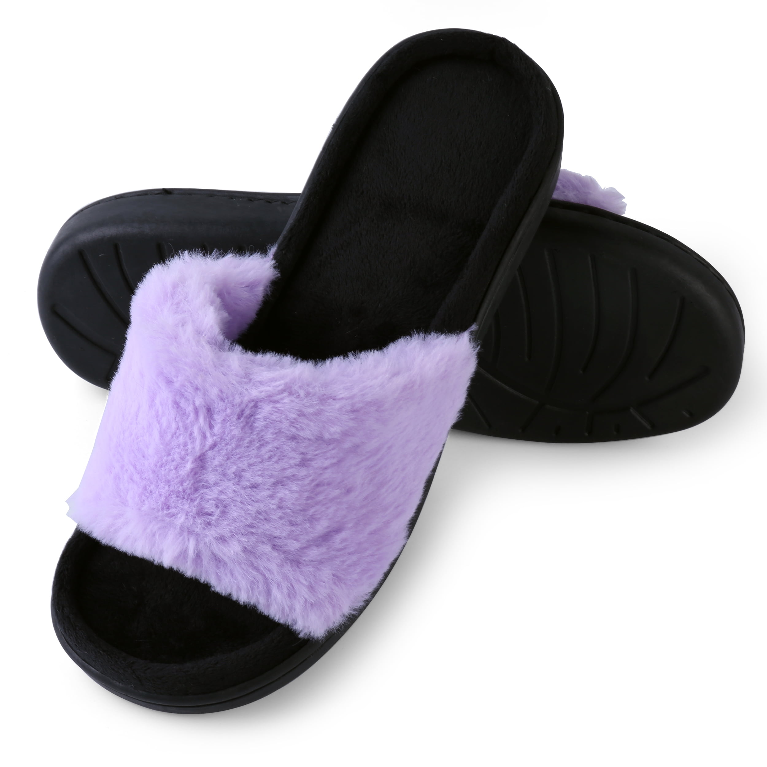 Women's Light And Fluffy Soft Plush Sandal Slippers with No-Slip Rubber Sole For Indoor, Outdoor, Spa Use (Purple)