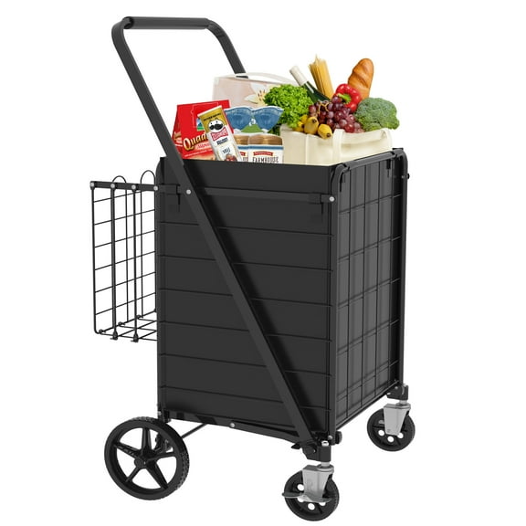 Hand Truck Large Shopping Cart with Brake,Grocery Cart on Wheels, Foldable Utility Shopping Carts with Double Basket and 360° Rolling Swivel Wheels for Groceries Laundry,Appliance Dolly