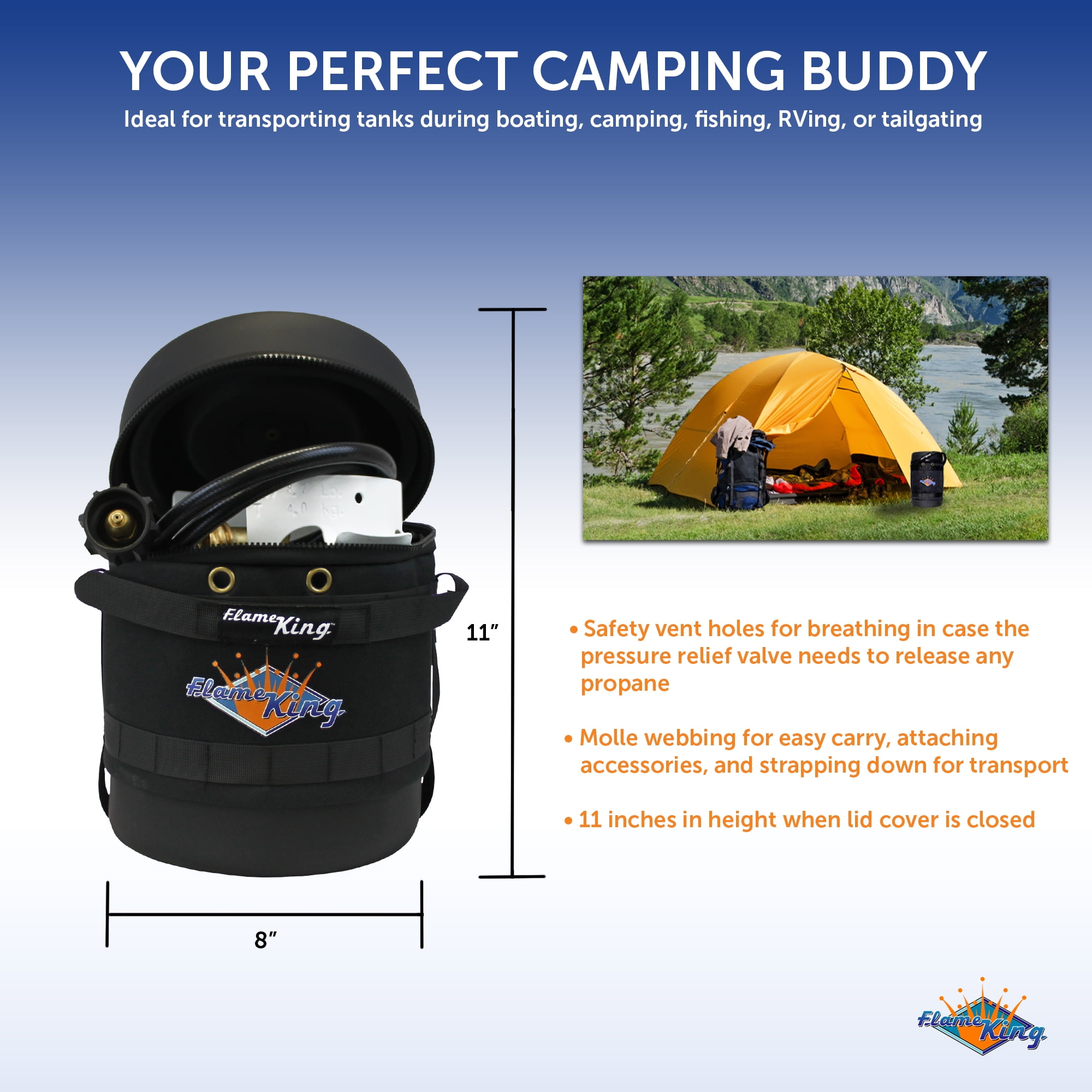 Flame King Gas Hauler Kit - Insulated Protective Carry Case, 3lb Propane Tank and Adapter Hose for Camping and Outdoor Adventures, Black/White