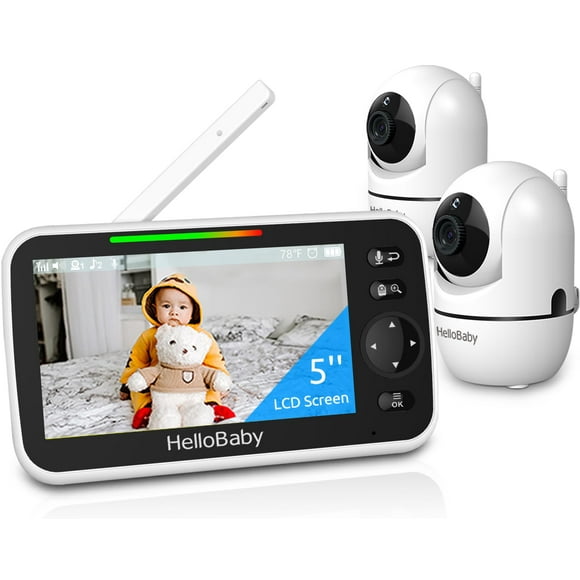 HelloBaby Monitor para bebés de 5 pulgadas con batería de 26 horas, 2 cámaras con zoom panorámico, inclinación y zoom, monitor para bebés con audio y video de alcance de 1000 pies, sin WiFi, VOX, visi