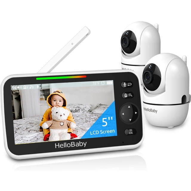 HelloBaby Monitor para bebés de 5 pulgadas con batería de 26 horas, 2 cámaras con zoom panorámico, inclinación y zoom, monitor para bebés con audio y video de alcance de 1000 pies, sin WiFi, VOX, visi