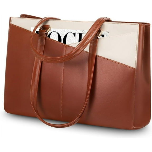 RKXQT Laptop Bag for Women 15.6 Inch Tote Bags Waterproof Leather Briefcase Computer Women Business Office Work Bag,Brown-White