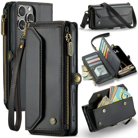 Crossbody for iPhone 16 Pro Max Case Wallet【RFID Blocking】with 10-Card Holder Zipper Bills Slot, Soft PU Leather Magnetic Shoulder Wrist Strap for iPhone 16 Pro Max Wallet Case Women