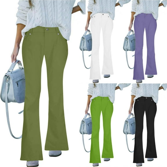 Jacenvly New Jeans for Women Plus Size Long Pants Casual Solid Comfort Waist Flare Pants High Waist Breathable Comfort Waist Plus Size Jeans Pocket Army Green S