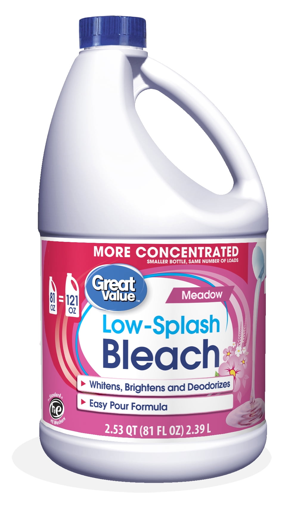 Great Value LowSplash Bleach, Meadow Scent, 81 Fluid Ounce