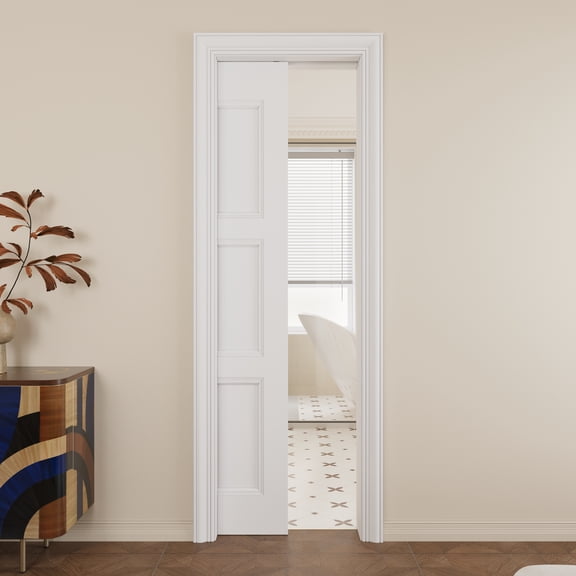 24" x 80" 3 Panel Pocket Door with Soft Close, Molded Solid Core Door Panel & Pocket Door Hardware & Frame, Bathroom Door, Bedroom Door, Pre-finished & Paintable, White
