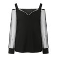 thumbnail image 4 of Top de manga larga con hombros descubiertos y costuras de malla con escote en V informal a la moda para mujer Pompotops  gfhjh21862, 4 of 8