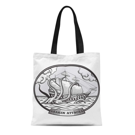 ASHLEIGH Canvas Bag Resuable Tote Grocery Shopping Bags Sailing Ship and Kraken Monster Octopus Emblem Tentacle Ocean Nature Tote Bag