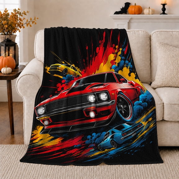 Vintage Muscle Cars Dynamic Paint Splatters Automotive Art, Festive Holiday Scene, Warm Flannel Blanket for Living Room and Family Room, Art Lovers Housewarming Gift, Festive Home Decor