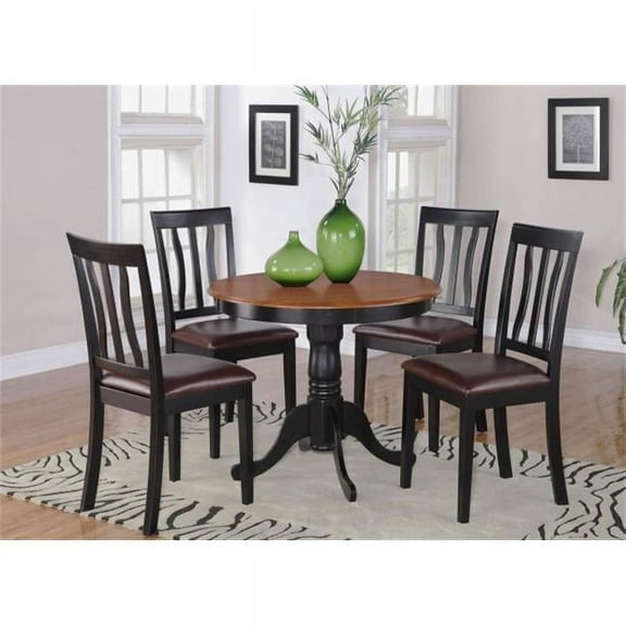 East West Furniture ANTI5-BLK-LC 5 -Piece Antique Round Kitchen 36 in. Table and 4 Chairs with Faux Leather seat