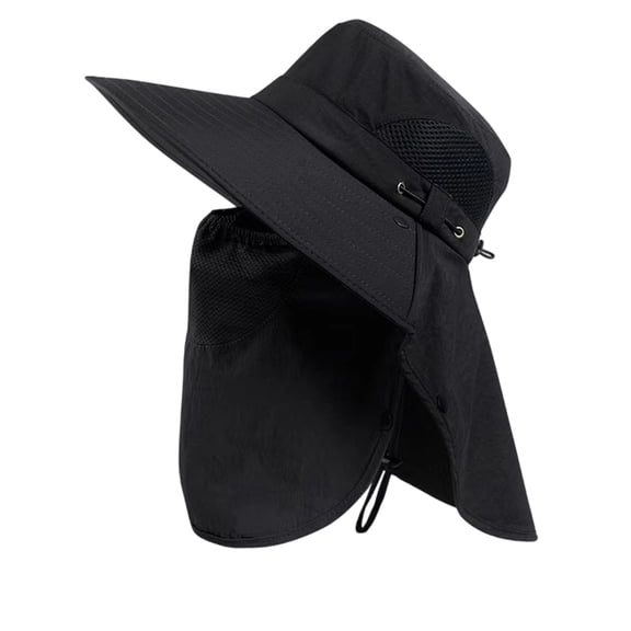 Domzest Sun Hats for Men UPF 50 UV Protection Wide Brim Bucket Waterproof Hat with Adjustable Chin Strap & Detachable Neck Flap for Outdoor Black