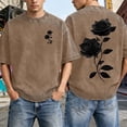 thumbnail image 2 of XIAOCHA Men's Vintage‑Wash Tee Rose Floral Dual‑Side Print Short‑Sleeve Pullover Top, Coffee, Sizes L, 2 of 8