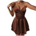 thumbnail image 2 of Fznquz Brown Women Dresses Backless Satin Summer Spaghetti Strap Mini Dress Deep V Neck Wrap Ruffle Hem Prom Clothes, 2 of 8