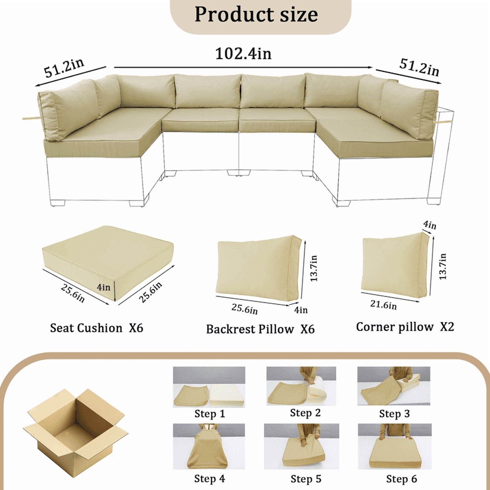 14 Pieces Outdoor Replacement Sectional Cushions Set, Waterproof patio furniture cushions For Outdoor Furniture, 4in thick outdoor couch cushions For 6 Seat（Beige）