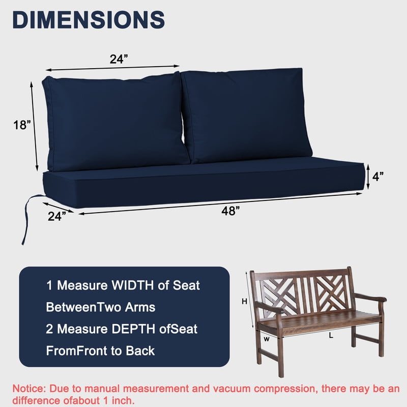 Outdoor Loveseat Cushions Set 48" x 24" Water Repellent & Fadeness Patio Furniture Cushions with Removable Cover and Ties, Patio Love Seat Sofa Cushions for Porch Garden Chair （Navy blue）