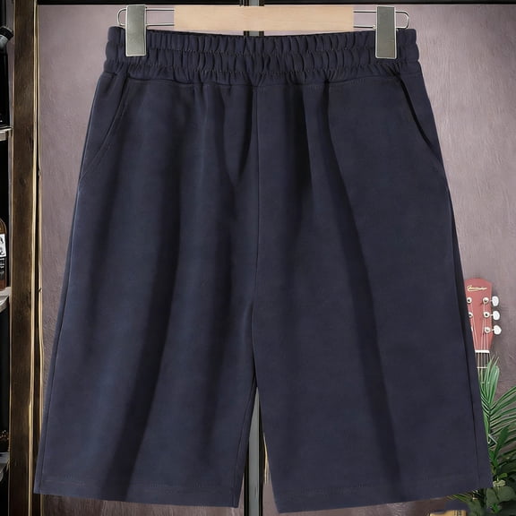 ITSAME Shorts for Boys, with Pockets Elastic Waist Cotton Summer Casual Versatile Shorts Navy Size 7-8