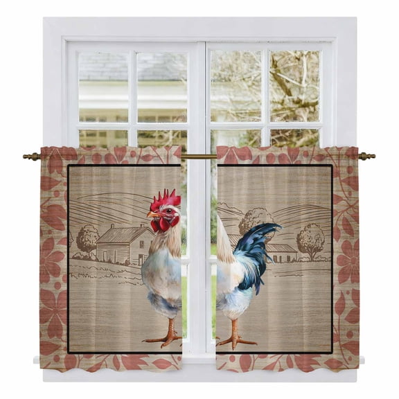 Farmhouse Roosters Tier Curtains 54 Inch Length, Vintage Farm Chicken Pink Leaves Cafe Short Curtains for Bathroom Over Sink, Small Kitchen Curtain Light Filtering Tiered Drapes 2 Panels 27.5"Wx54"L