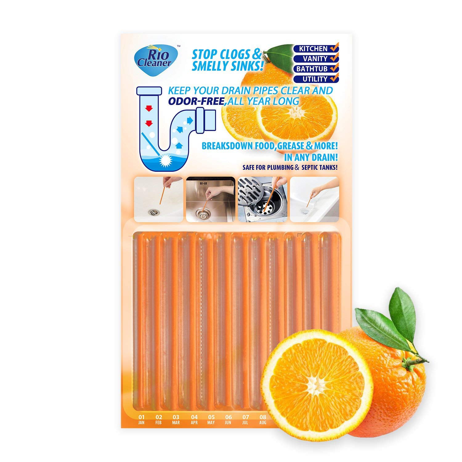 Drain Cleaner and Deodorizer Sticks Flexible Non-Fragile for Clogs Kitchen Bathroom Sinks Unclog Eliminate Odor Septic Tank 24pack Orange 