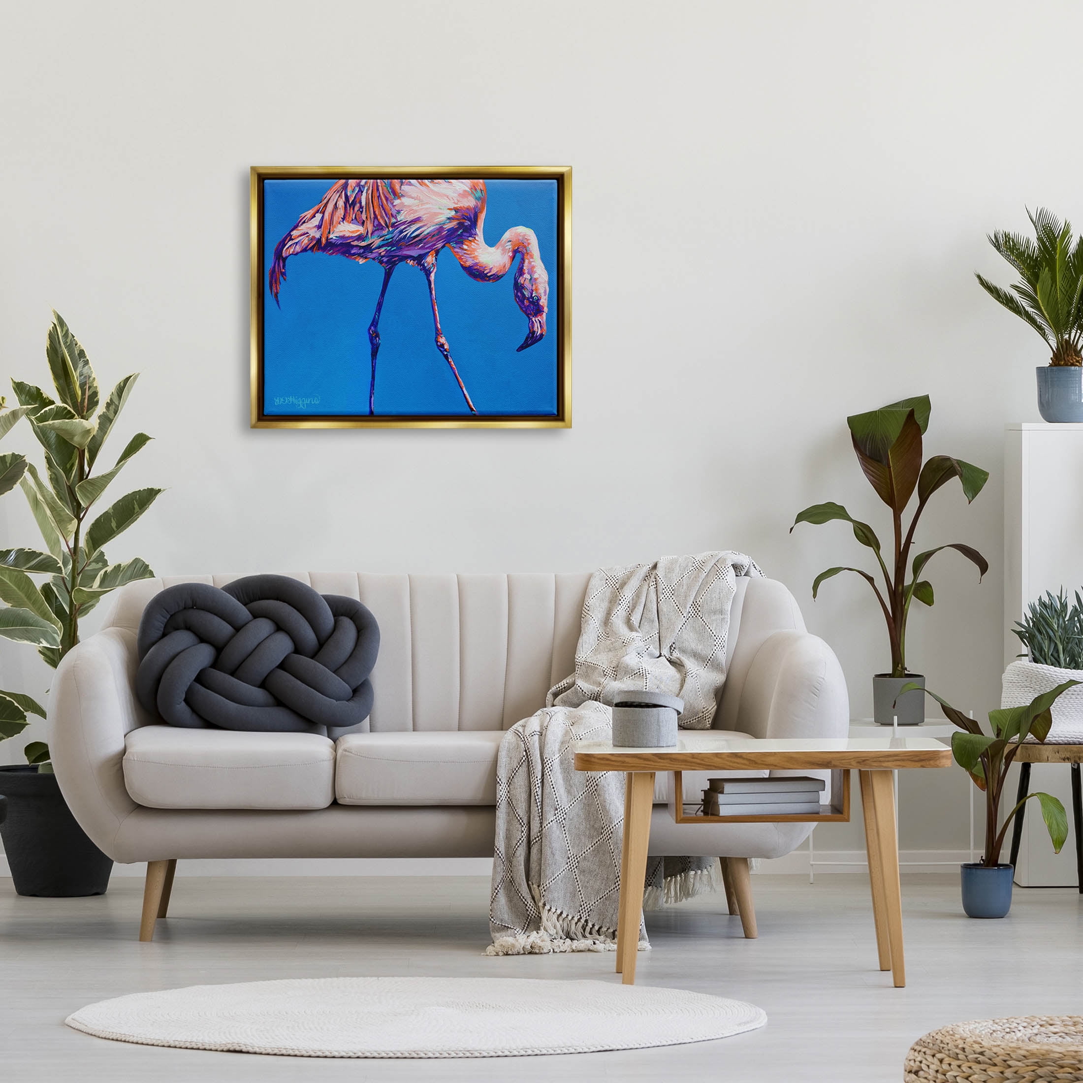 Bold Blue Modern Flamingo Animals & Insects Graphic Art Metallic Gold Framed Art Print Wall Art