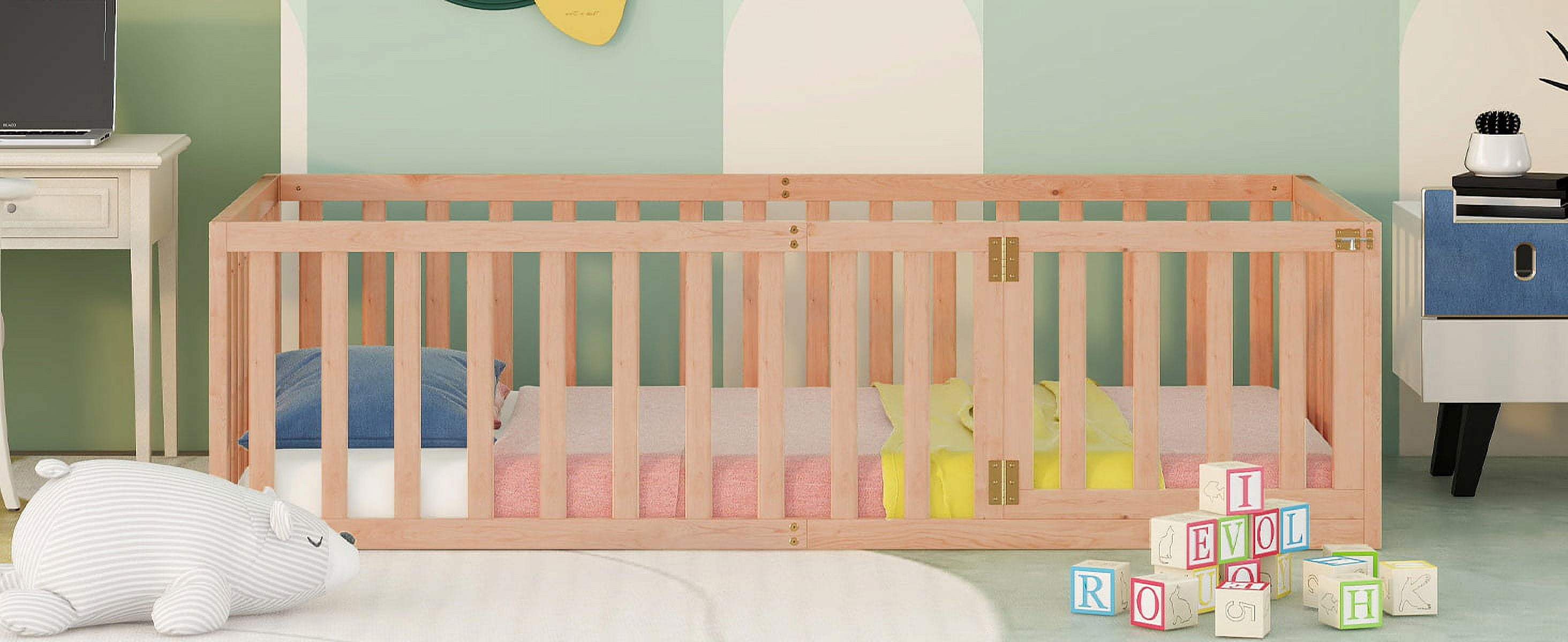Mintazer Twin Floor Bed with Guardrails & Hinged Gate Door, Montessori Toddler Floor Bed Frame for Kids, Natural