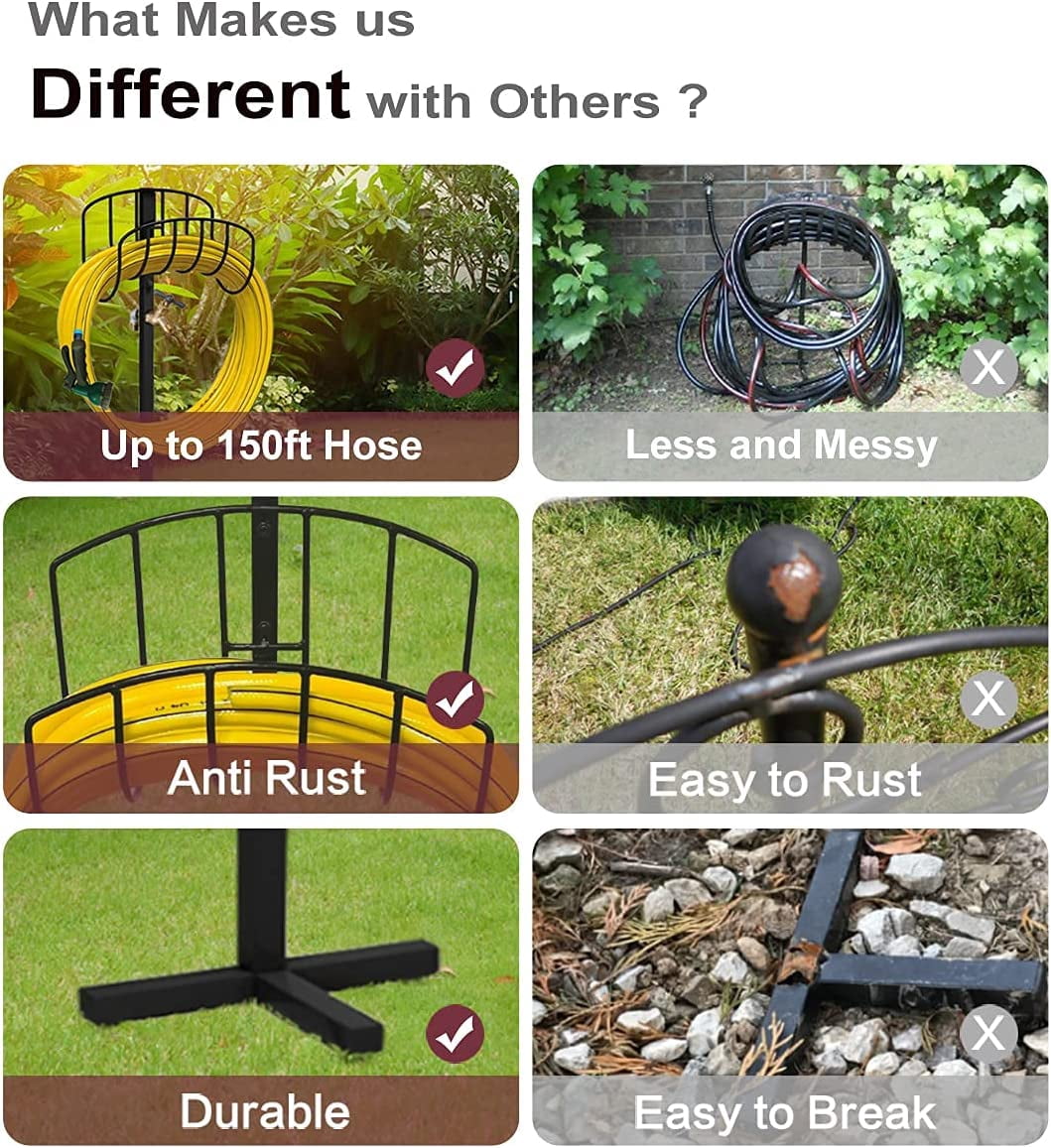 Freestanding Garden Hose Holder Stake with Brass Faucet, Heavy Duty Metal Water Pipe Storage Stand Rack for Outdoor