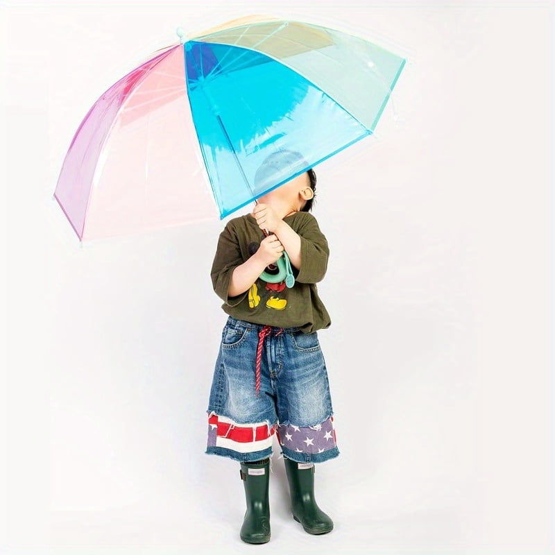 Kids Clear Transparent Rainbow Umbrella, Easy-Grip Handle, Durable Fiber Frame, Compact Children's Rain Umbrella for School & Travel, Boys & Girls