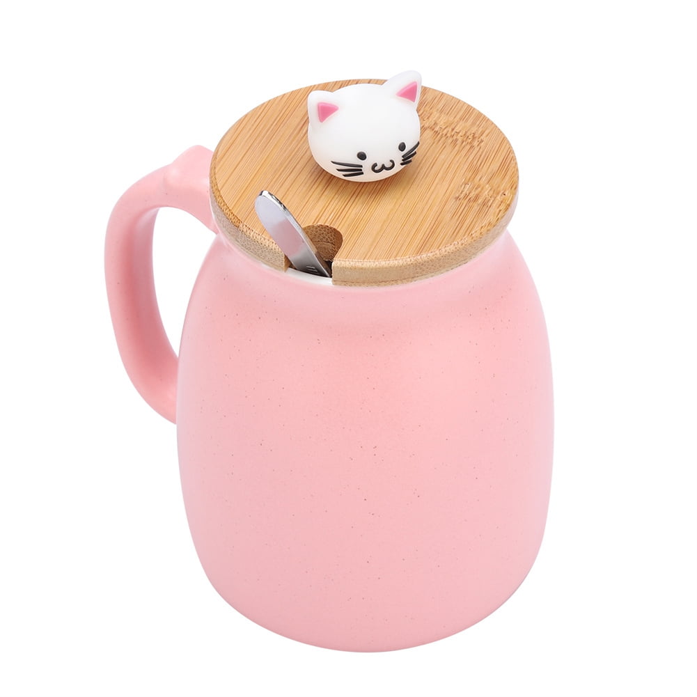 380ml/15oz Tasses de Chat en Céramique Mug avec Tasse de chat,Tasse à café en céramique mignonne avec Lovely Kitty couvercle en Cuillère en acier inoxydable （rose）