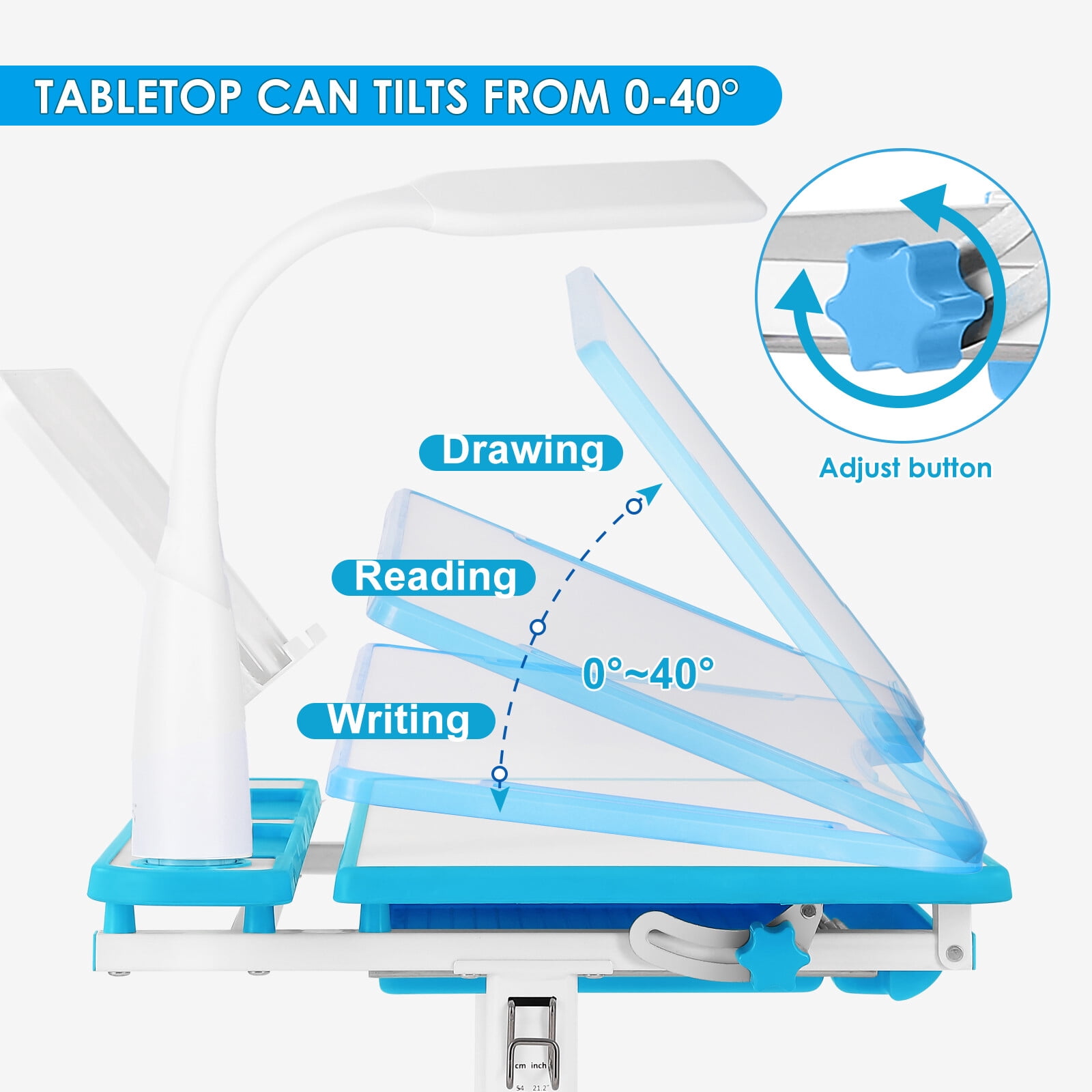 Kids Study Desk and Chair Set Children Height Adjustable Large Writing Board Table with LED Lamp, Drawer, Bookstand (Blue)