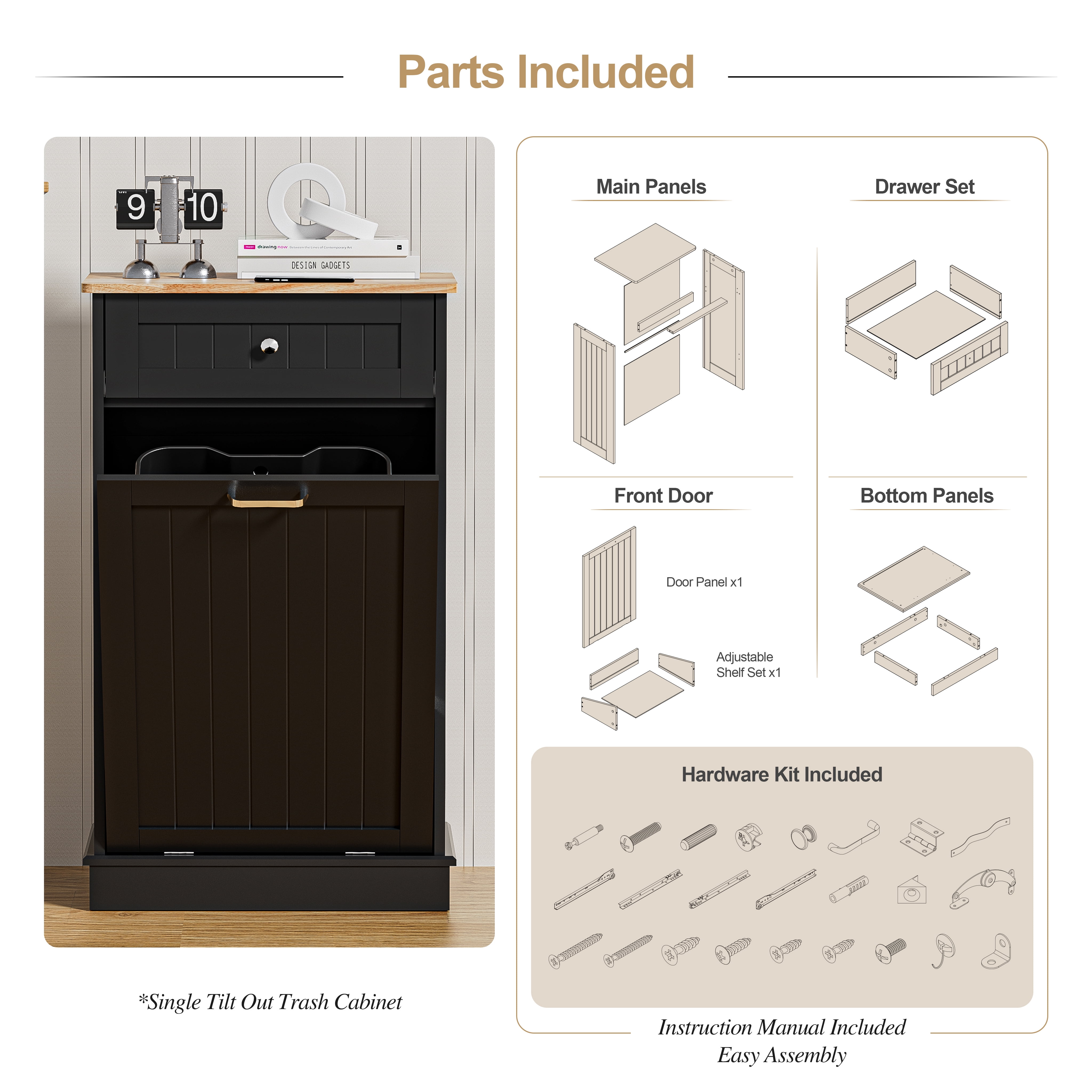 AHB 13 Gallon Single Tilt Out Trash Cabinet with Drawer, Freestanding Kitchen Trash Can Storage Organizer, 20.9"L x 13.55"W x 38.5"H, Black