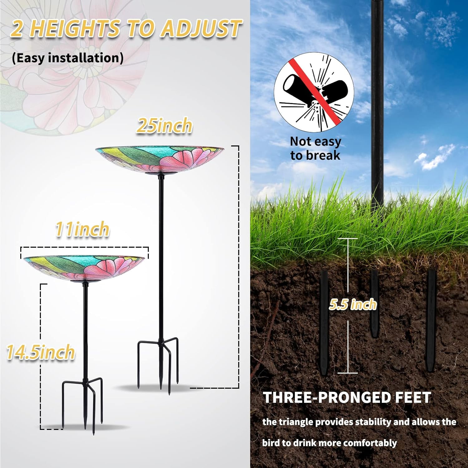 MUMTOP Glass Bird Bath with Metal Stake, Garden and Patio Decor and Butterfly & Flower Feeders