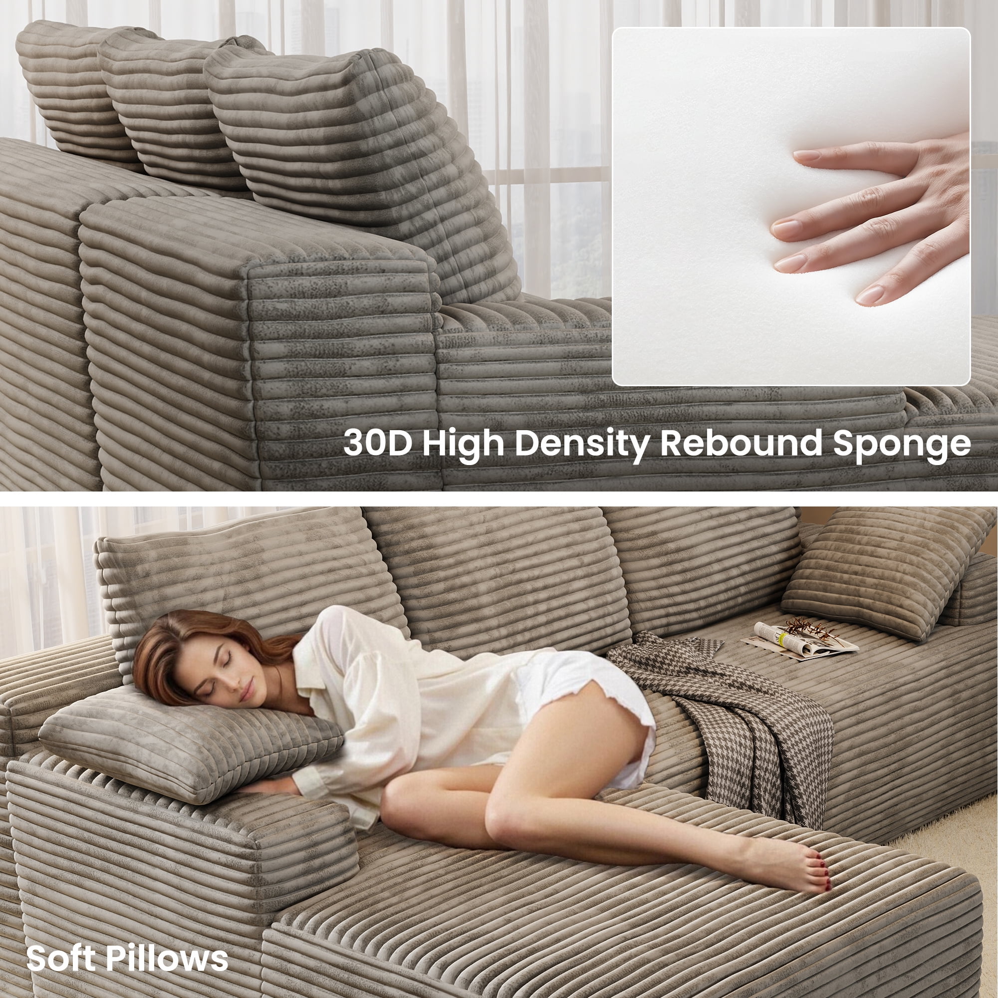104" Cloud Sectional Couch with L-Shape Chaise, Modern Modular Sofa with Deep Seat, Upholstered Couches with Back Cushion for Living Room Bedroom, No Assembly Required, White Grey (Corduroy Fabric)
