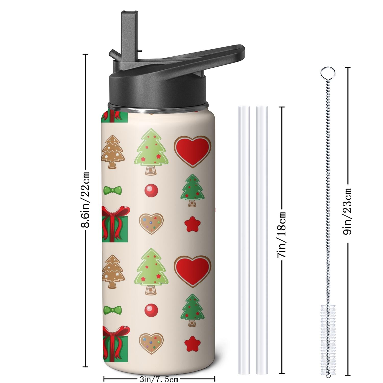 Christmas 18 oz Insulated Stainless Steel Water Bottle with Straw & Cleaning Brush , Leakproof, BPA-Free, 304 Stainless Steel, Wide Mouth, Travel Mug for Car, Gym, Office