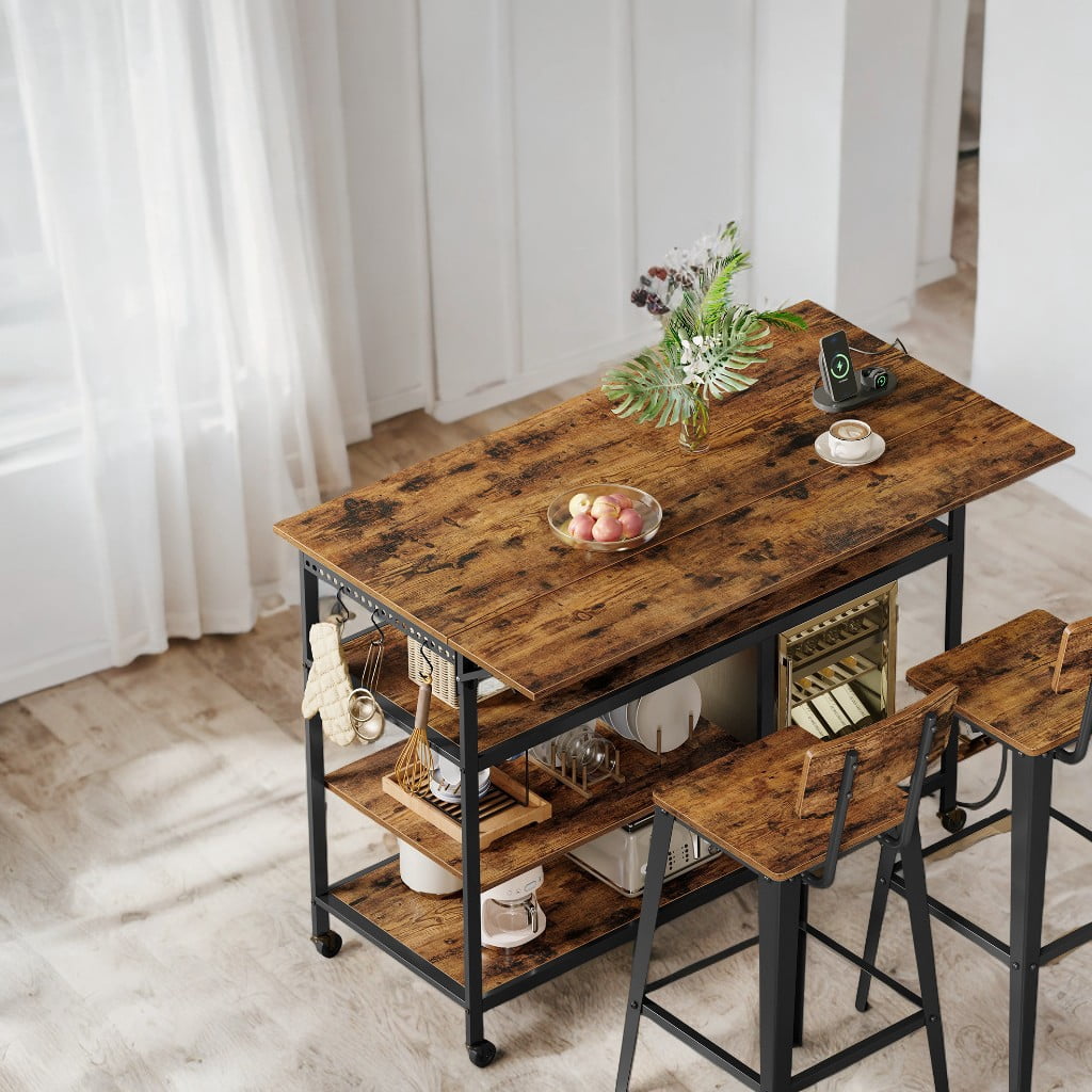 LEDREM Kitchen Island Cart with Drop Leaf & Power Strip - 47.2" Extendable Worktop, Adjustable Shelf, Locking Wheels, Rustic Brown and Black