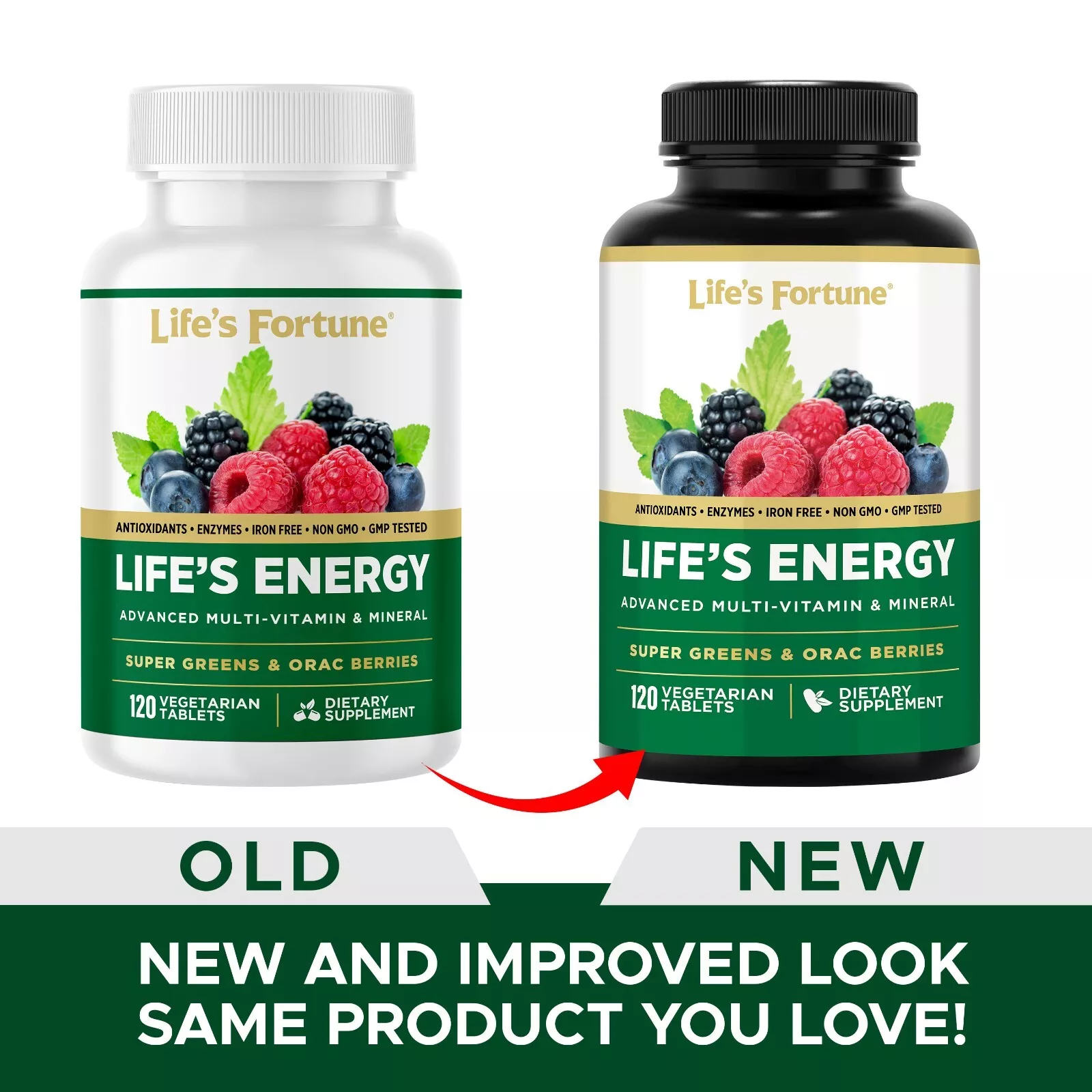 Life's Fortune Life's Energy Advanced Multi-Vitamin and Mineral Non-GMO - Super Greens - ORAC Berries - Antioxidants - Enzymes - Iron Free - GMP Tested, 120 Veggie Tablets