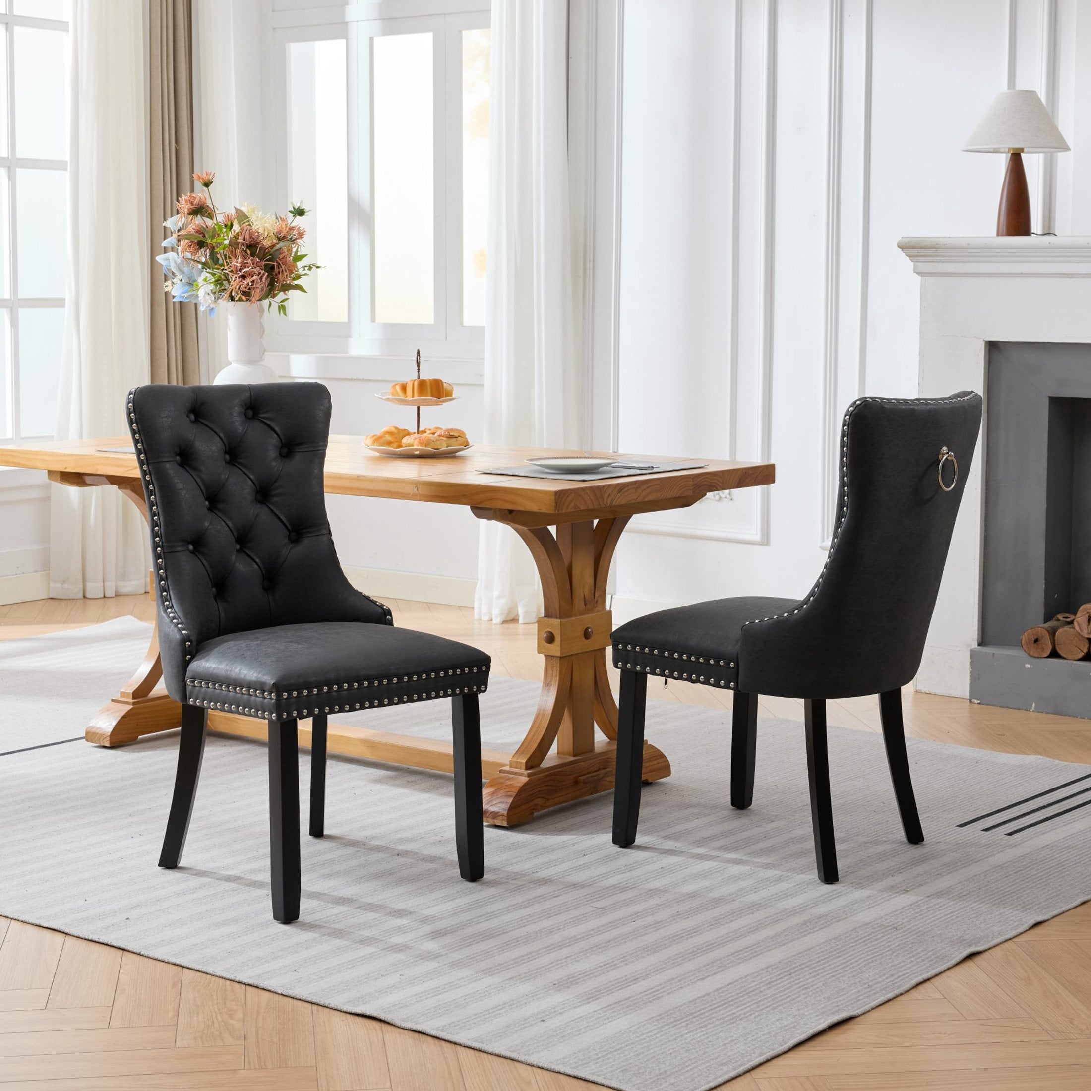 GDF Studio 24.4" Vintage Dining Chairs Set of 2 with PU Upholstery, Button-Tufted High Back, Charcoal Black