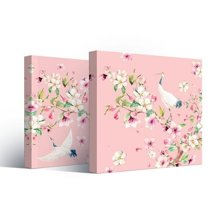 Squares Giclee Set - wall26 - 2 Panel Square Canvas Wall Art - Watercolor Style Painting of Cranes and Flowers on Pink Background - Giclee Print Gallery Wrap Modern Home Decor Ready to Hang - 12