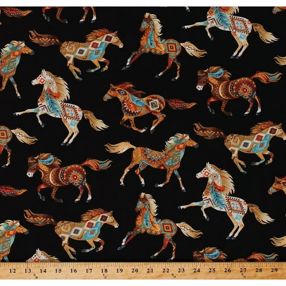 Cotton Southwestern Horses Animals Equestrian Southwest Black Cotton Fabric Print by the Yard (WEST-C5036)