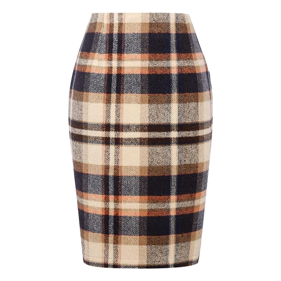 XIAONU Fitted Plaid Skirt for Women Tartan Print High Waist Pencil Midi Skirt Stylish Vintage Office Work Casual Skirt